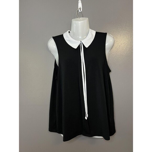 ELLE Shirt Womens Small Black White Peter Pan Collar Tie Neck Sleeveless Top - Picture 1 of 7